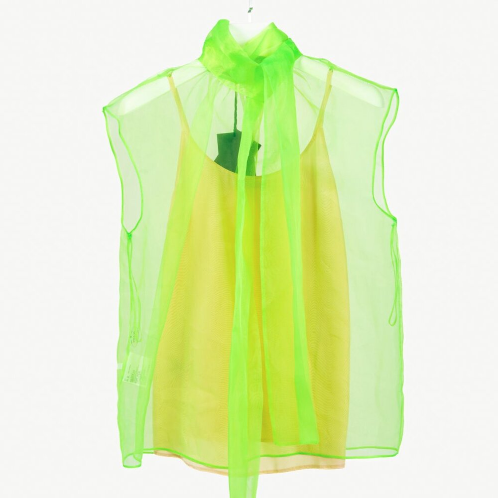 Prada AW/18 Runway Neon-Green Organza Tie-Neck Sleeveless Blouse